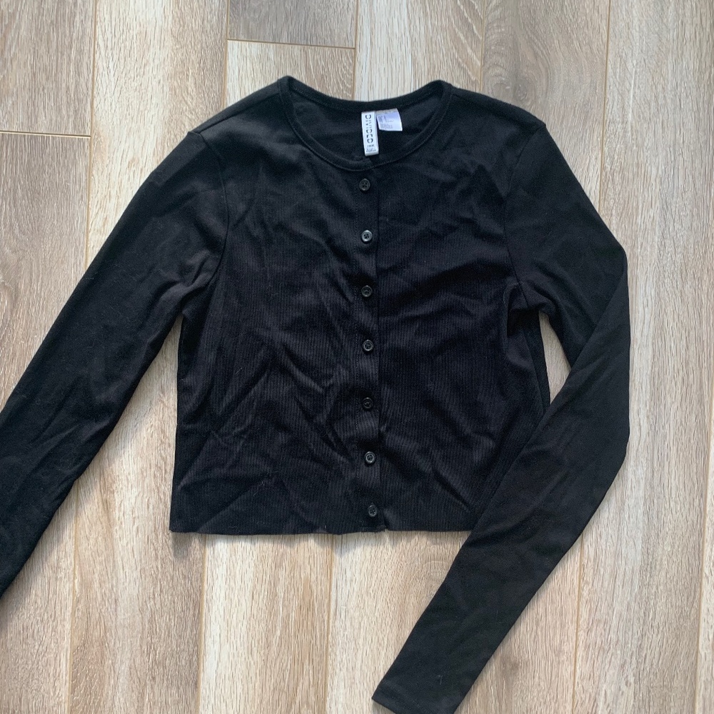 Cropped Black Button Up Cardigan with Raw Hem and Long Sleeves - Size S, NWOT